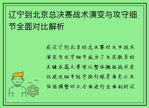 辽宁到北京总决赛战术演变与攻守细节全面对比解析 辽宁到北京总决赛战术演变与攻守细节全面对比解析