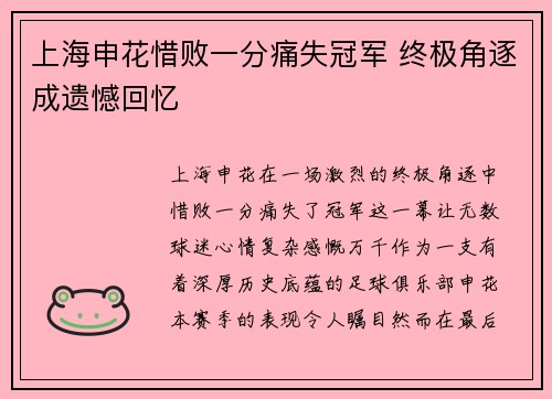 上海申花惜败一分痛失冠军 终极角逐成遗憾回忆